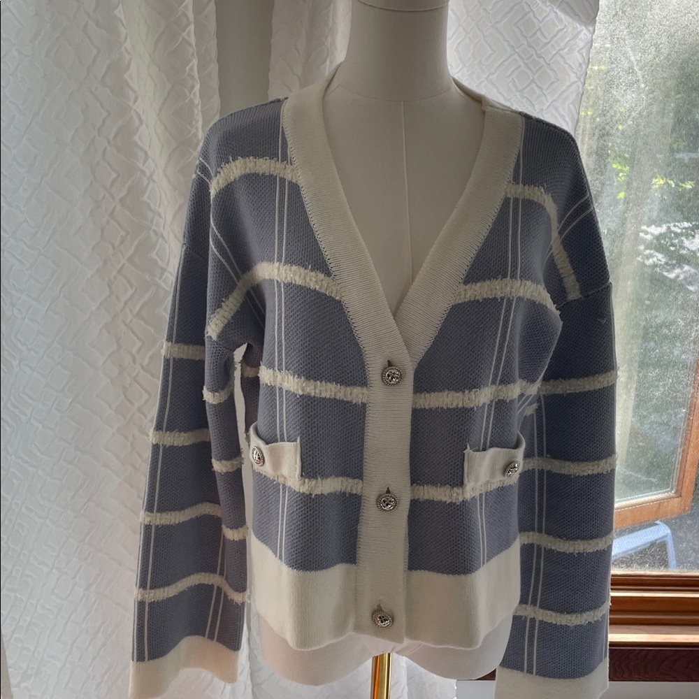 MABLE Sweater Nautical Striped Blue and White Cardigan Silver Medium Oversized - Picture 6 of 9
